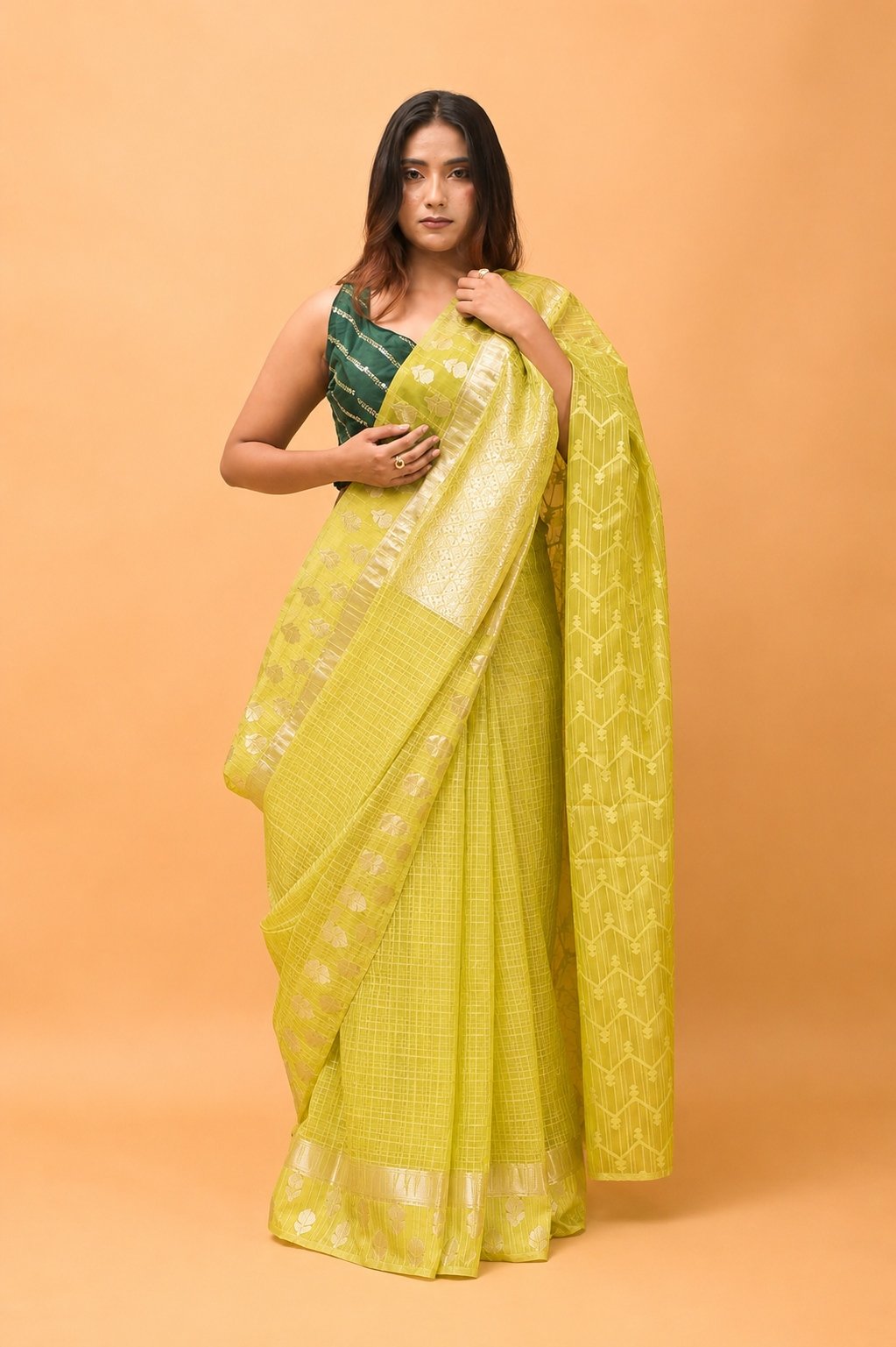 Elegant Check Pattern Lime Green Banarasi Kora Saree with Blouse